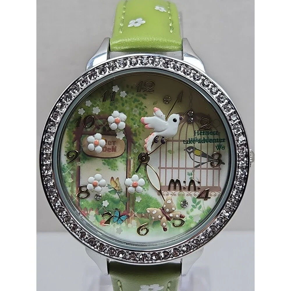 Mini Watch Womens 3D Garden Bird Flower Crystal Bezel Leather Quartz New Battery